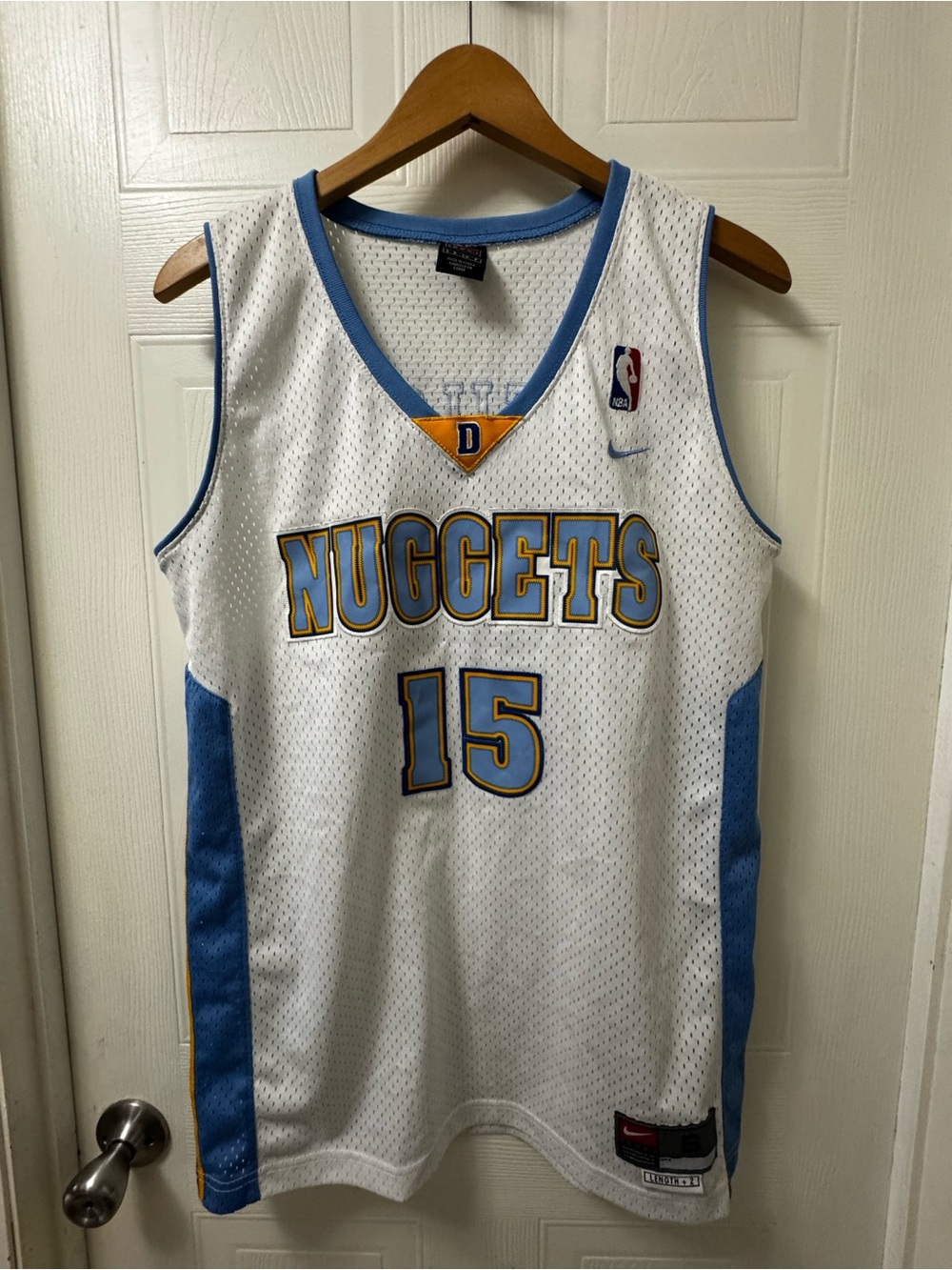 Nike White and Light Blue Nuggets #15 Basketball Jersey